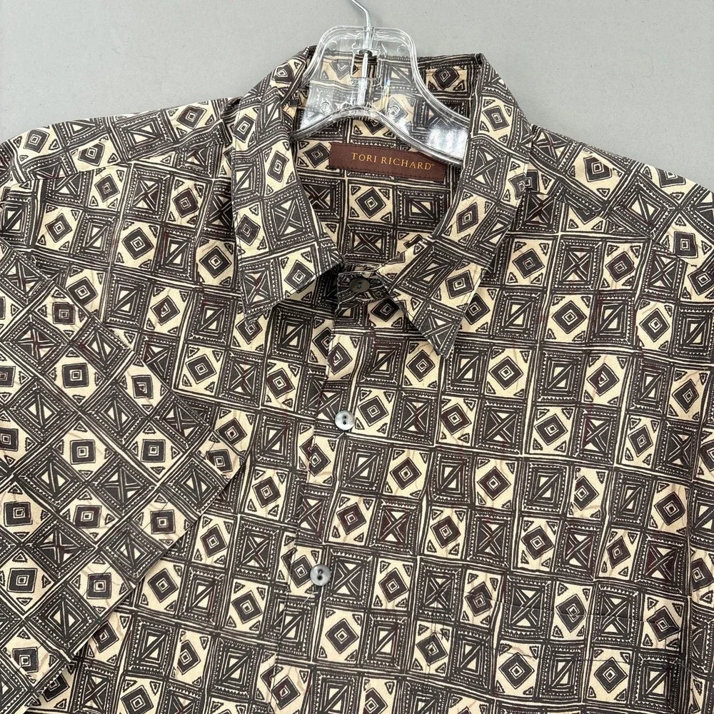 Tori Richard Shirt Mens Large Brown Geometric Hawaiian Aloha Cotton‎ Lawn USA